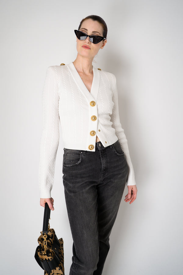 Balmain Long Sleeve Cable-Knit V-neck Cardigan in White Vancouver. Shop Online or in Store.