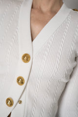 Balmain Long Sleeve Cable-Knit V-neck Cardigan in White Vancouver. Shop Online or in Store.
