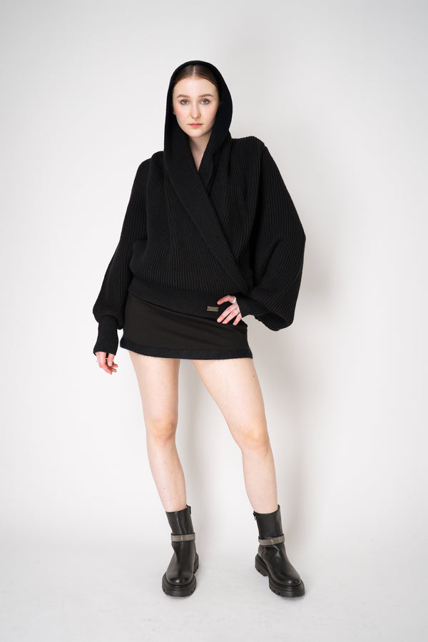 Balmain Oversized Knit Drapy Hooded Pullover in Black Vancouver. Shop Online or in Store.