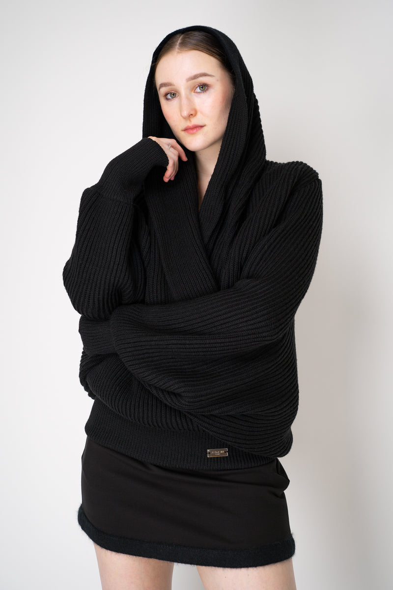 Balmain Oversized Knit Drapy Hooded Pullover in Black Vancouver. Shop Online or in Store.