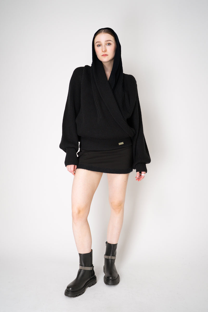 Balmain Oversized Knit Drapy Hooded Pullover in Black Vancouver. Shop Online or in Store.