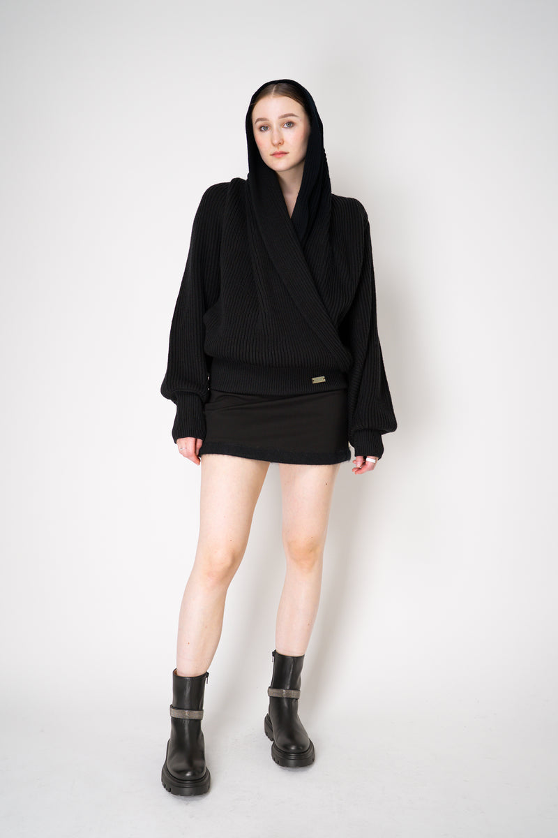 Balmain Oversized Knit Drapy Hooded Pullover in Black Vancouver. Shop Online or in Store.