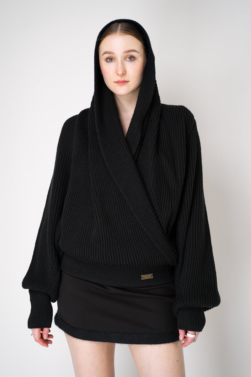 Balmain Oversized Knit Drapy Hooded Pullover in Black Vancouver. Shop Online or in Store.