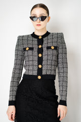 Balmain Round Collar Light Tweed Cardigan in Black and White Vancouver. Shop Online or in Store.