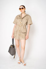 Balmain Short Sleeve Cinched Mini Gabardine Dress in Sand Vancouver. Shop Online or in Store.
