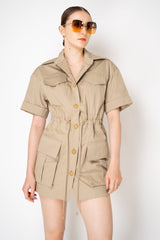 Balmain Short Sleeve Cinched Mini Gabardine Dress in Sand Vancouver. Shop Online or in Store.