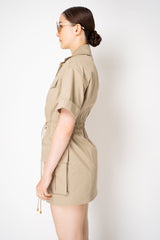 Balmain Short Sleeve Cinched Mini Gabardine Dress in Sand Vancouver. Shop Online or in Store.