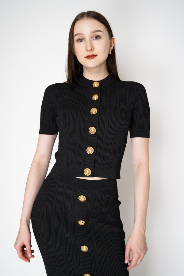 Balmain Short Sleeve Stretch Cable-Knit Cardigan in Black Vancouver. Shop Online or in Store.