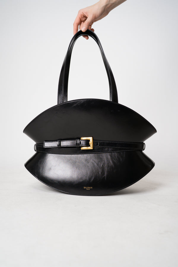 Balmain Shuffle Cinched Medium Bag in Black Leather Vancouver. Shop Online or in Store.