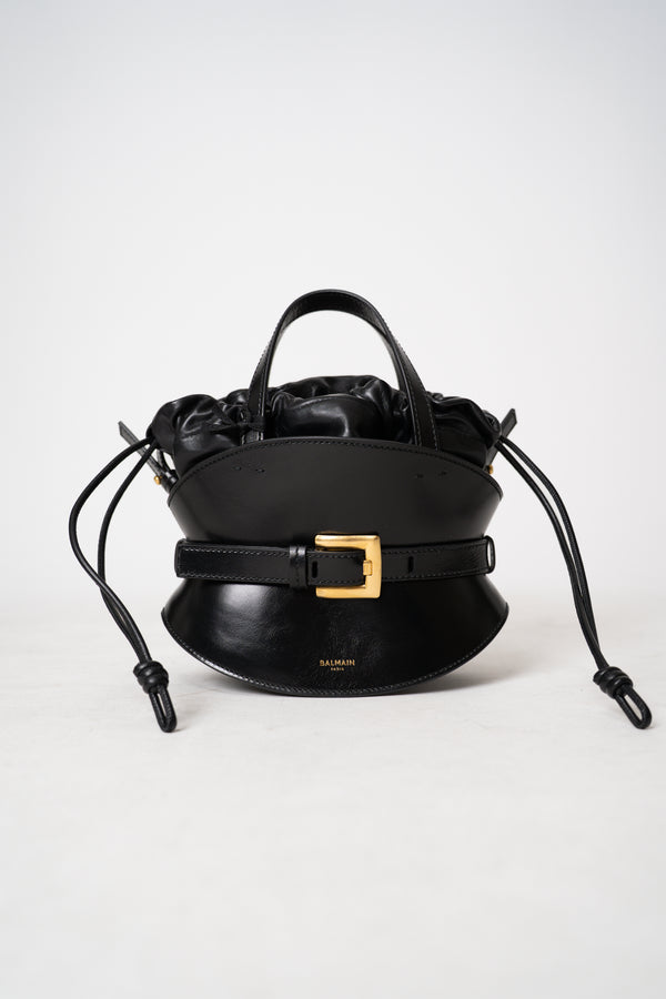 Balmain Shuffle Cinched Mini Bag in Black Leather Vancouver. Shop Online or in Store.