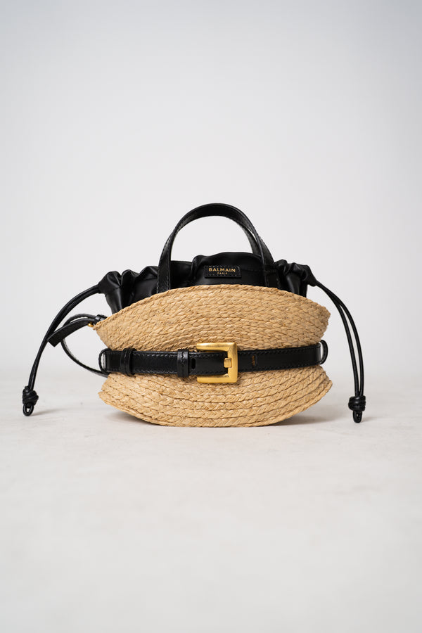 Balmain Shuffle Cinched Mini Bag in Raffia and Leather Vancouver. Shop Online or in Store.