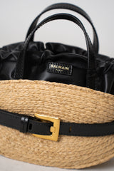 Balmain Shuffle Cinched Mini Bag in Raffia and Leather Vancouver. Shop Online or in Store.