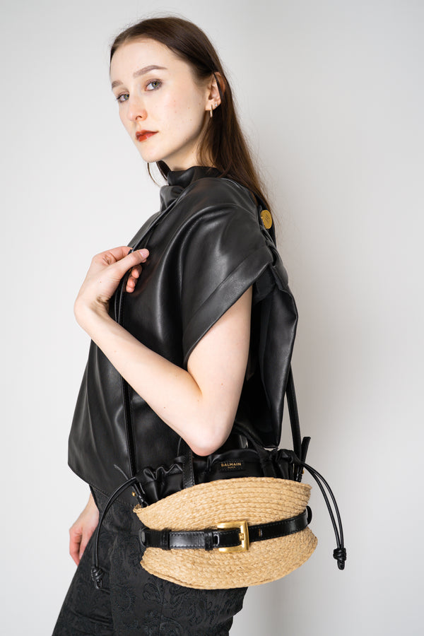 Balmain Shuffle Cinched Mini Bag in Raffia and Leather Vancouver. Shop Online or in Store.