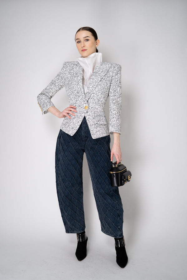 Balmain Single Button Jacket with "Love Letter" Print in White and Black Vancouver. Shop Online or in Store.