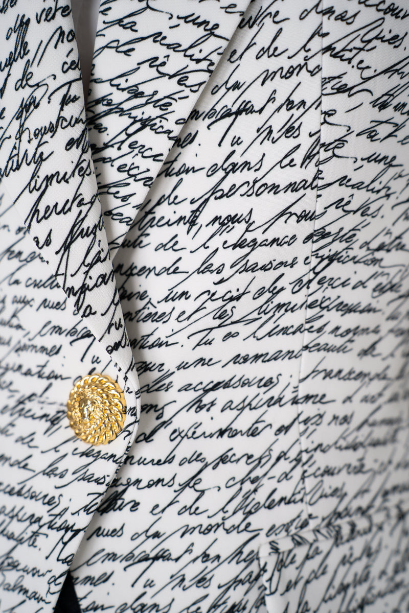 Balmain Single Button Jacket with "Love Letter" Print in White and Black Vancouver. Shop Online or in Store.