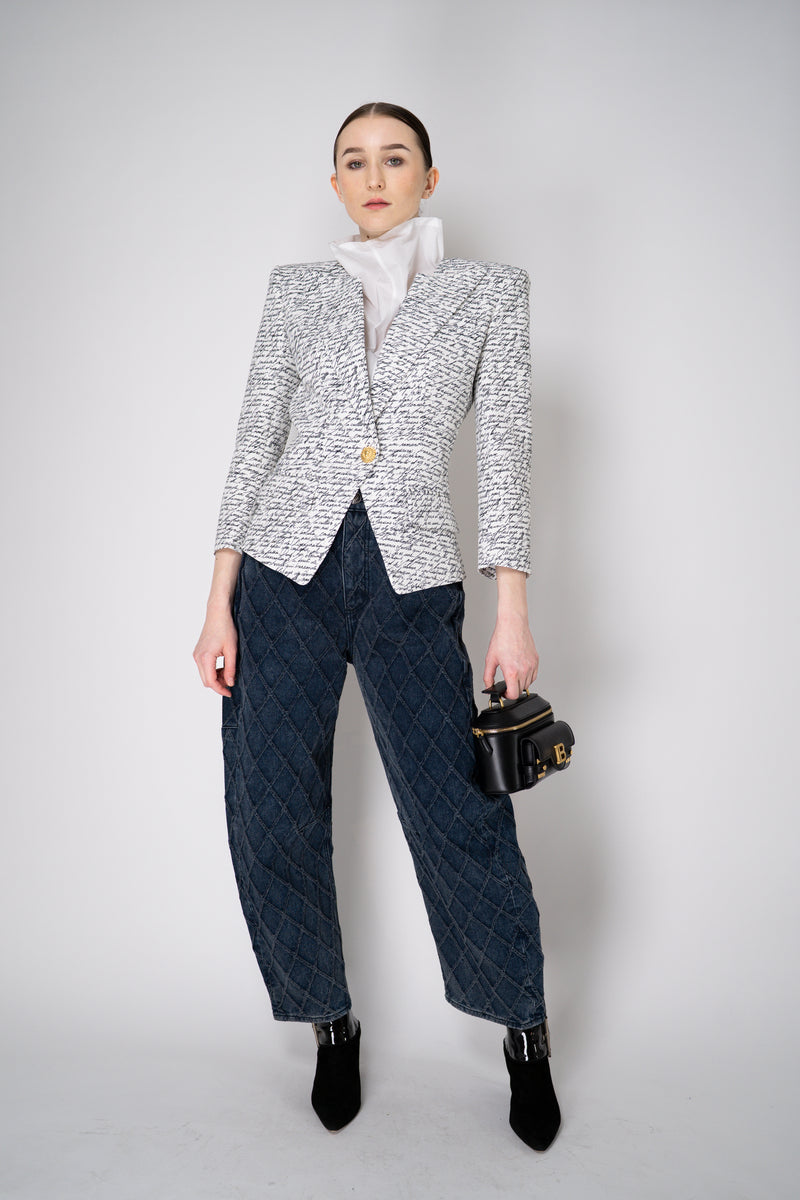 Balmain Single Button Jacket with "Love Letter" Print in White and Black Vancouver. Shop Online or in Store.