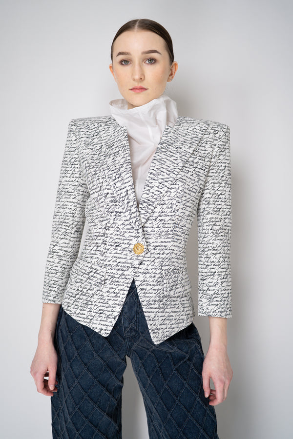 Balmain Single Button Jacket with "Love Letter" Print in White and Black Vancouver. Shop Online or in Store.