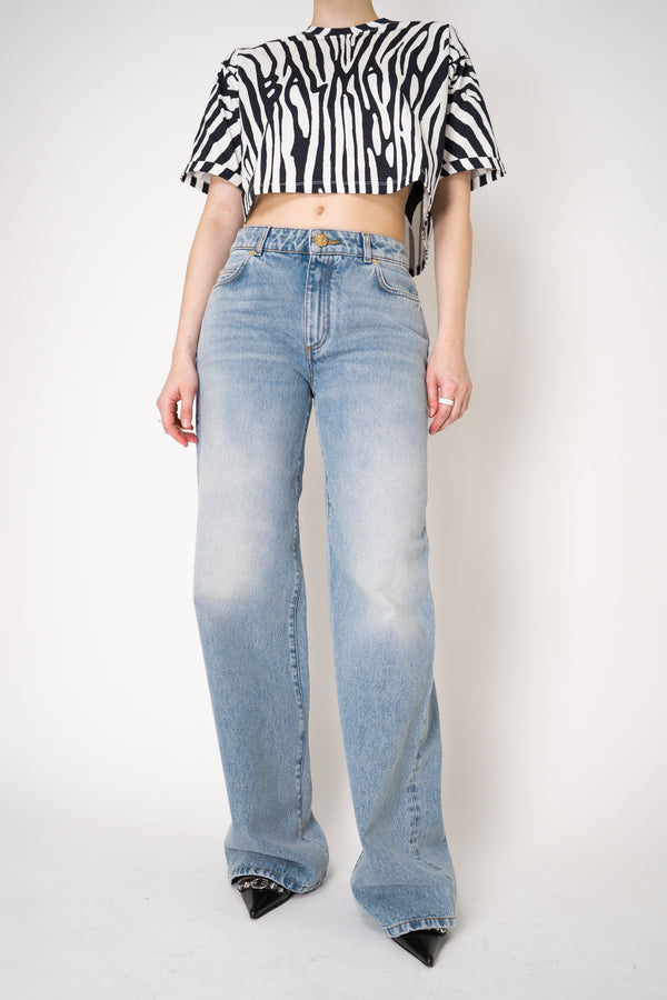 Balmain Straight Leg Faded Denim Jeans in Blue Vancouver. Shop Online or in Store.