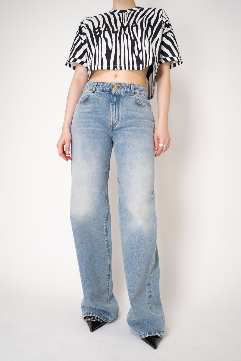 Balmain Straight Leg Faded Denim Jeans in Blue Vancouver. Shop Online or in Store.