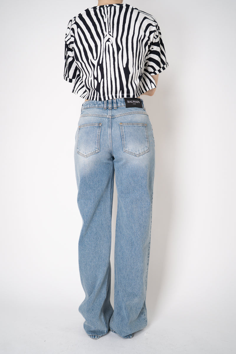 Balmain Straight Leg Faded Denim Jeans in Blue Vancouver. Shop Online or in Store.