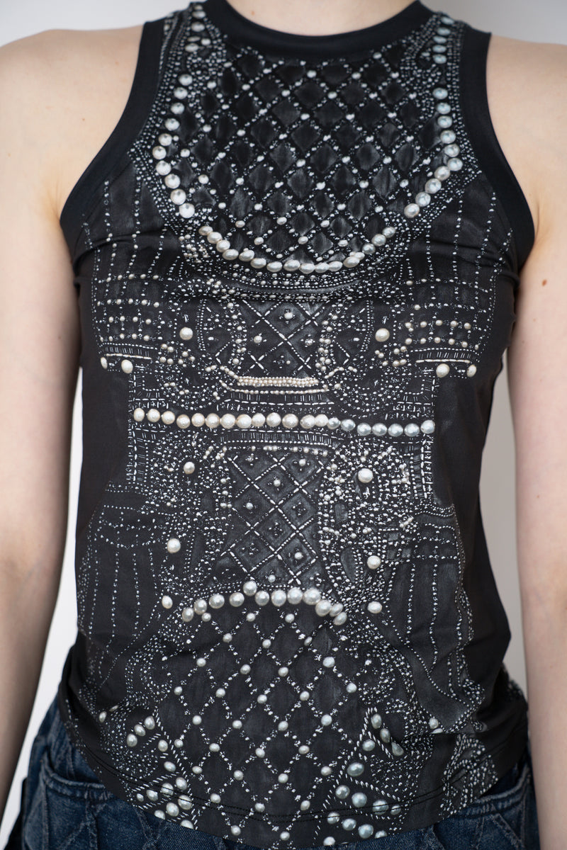 Balmain Tank Top with Trompe-L'œil Pearl Corset Print Black Vancouver. Shop Online or in Store.