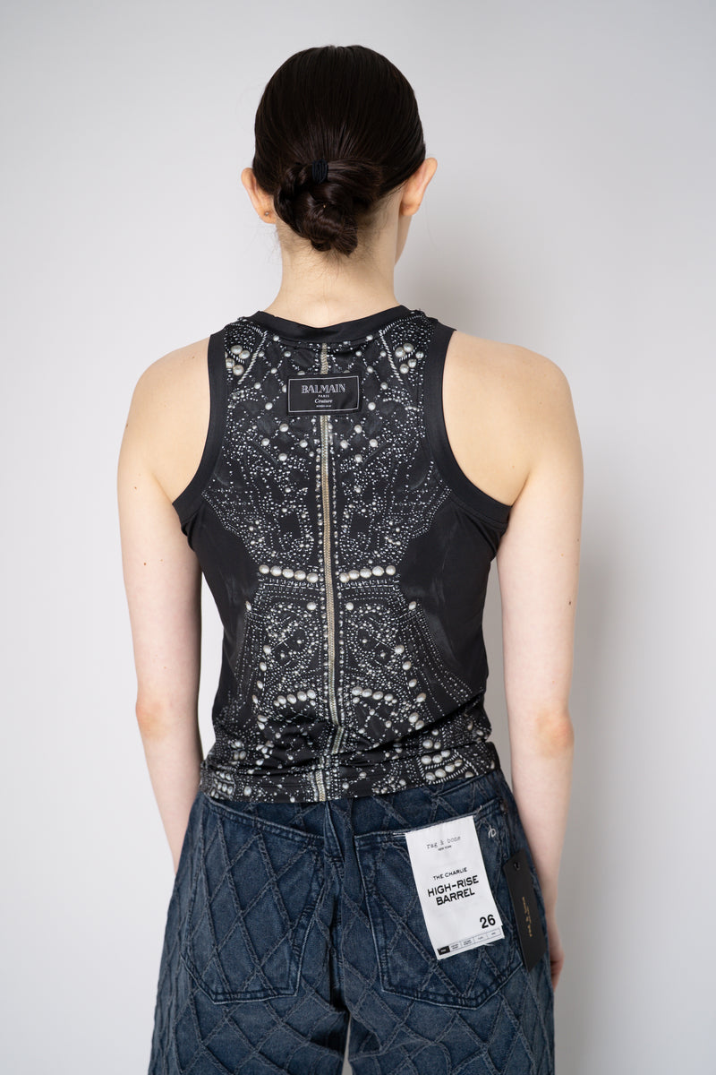 Balmain Tank Top with Trompe-L'œil Pearl Corset Print Black Vancouver. Shop Online or in Store.