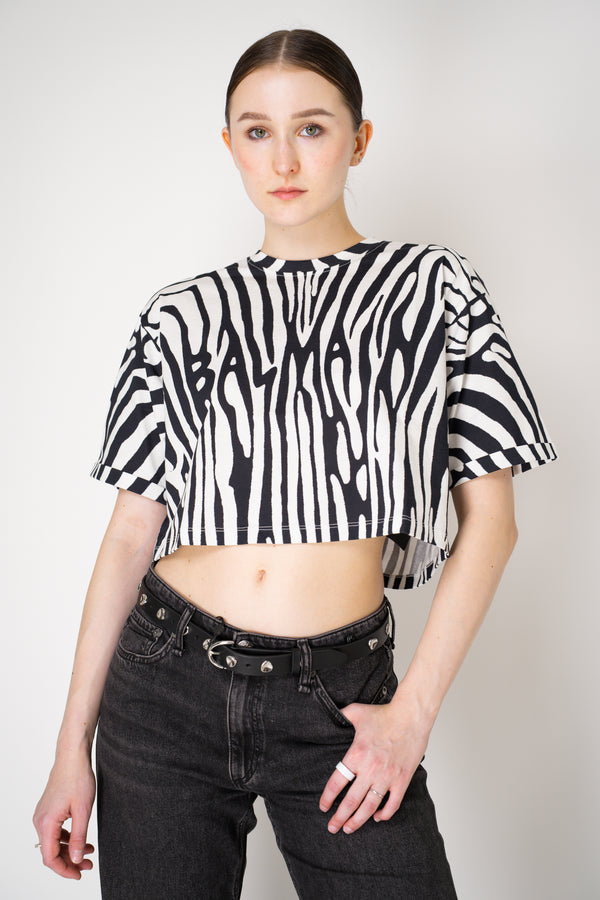 Balmain Zebra Branded Cropped T-Shirt in Black and White Vancouver. Shop Online or in Store.