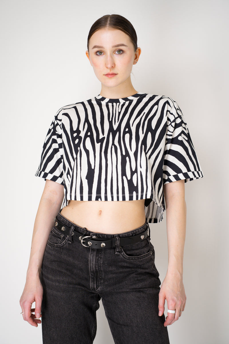 Balmain Zebra Branded Cropped T-Shirt in Black and White Vancouver. Shop Online or in Store.