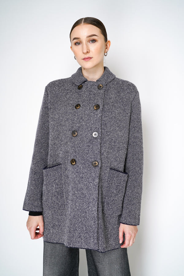 Base Milano Alpaca Blend Double Breasted Stretch Knit Coat in Navy and White Vancouver. Shop Online or in Store.