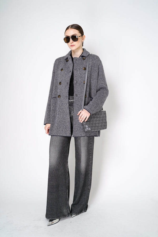 Base Milano Alpaca Blend Double Breasted Stretch Knit Coat in Navy and White Vancouver. Shop Online or in Store.