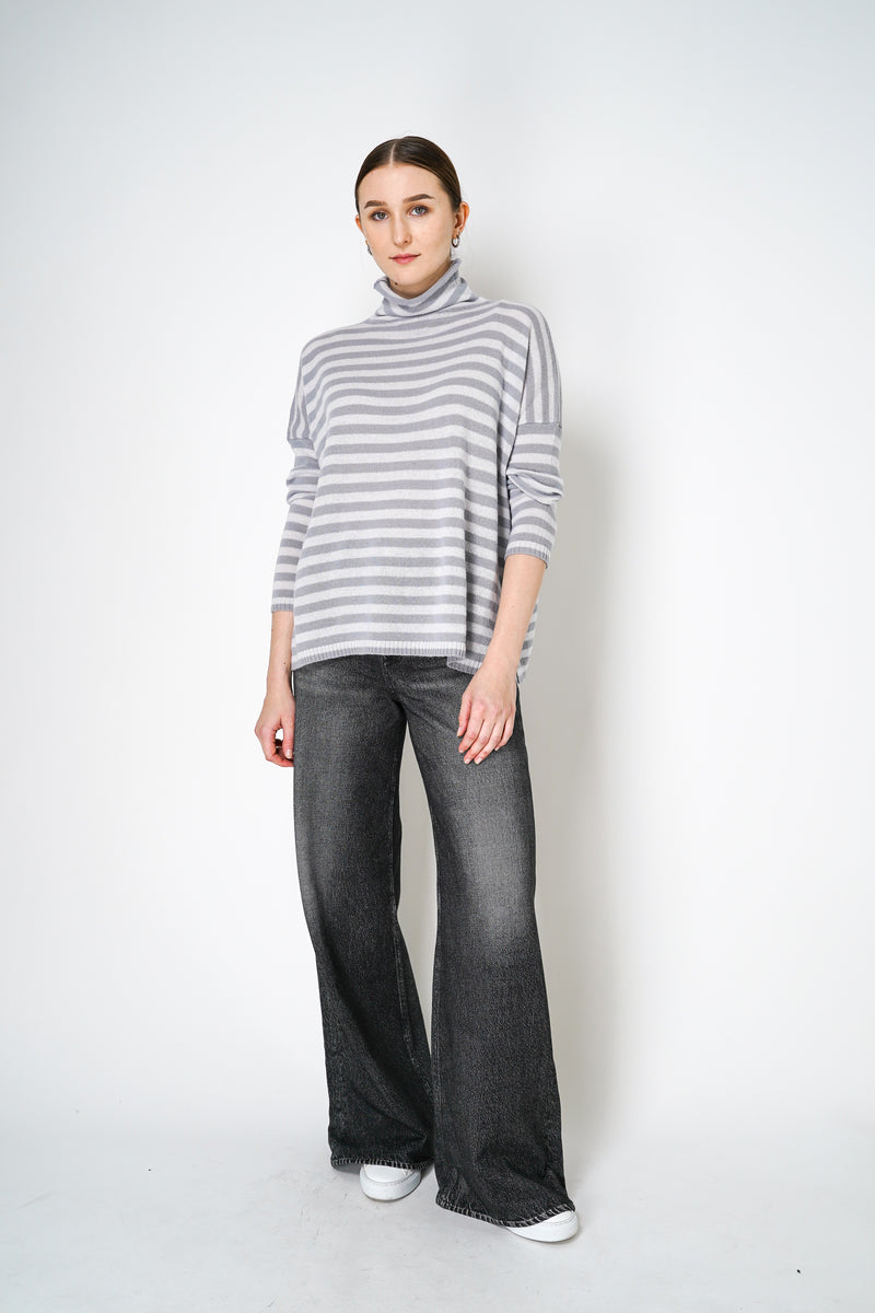 Base Milano Merino Wool Knitted Stripe Turtleneck Sweater in Grey and White Vancouver. Shop Online or in Store.