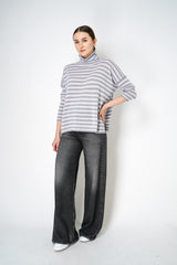 Base Milano Merino Wool Knitted Stripe Turtleneck Sweater in Grey and White Vancouver. Shop Online or in Store.