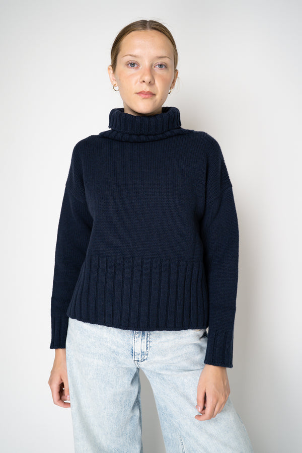 Base Milano Wool Cashmere Relaxed Cropped Knit Turtleneck Pullover in Navy Vancouver. Shop Online or in Store. 