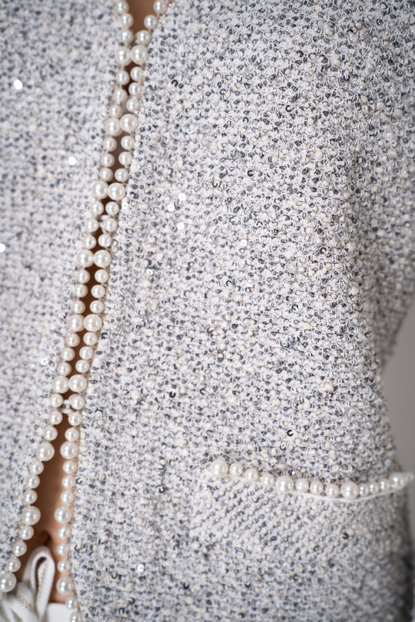 D. Exterior Bouclé Knit Sequin Cardigan with Pearl Details in Grey Vancouver. Shop Online or in Store.