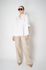 D. Exterior Cotton Poplin A-line Oversized Button-Up with Filo Diamante Emebellished Pocket in White Vancouver. Shop Online or in Store.
