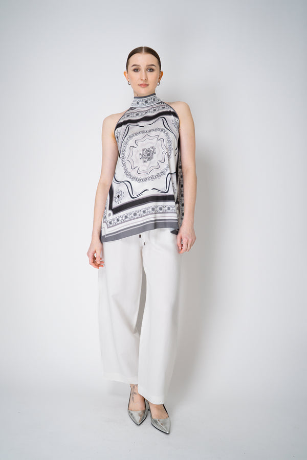 D. Exterior Halter Neck A-line Blouse in Grey and White Foulard Print Vancouver. Shop Online or in Store.