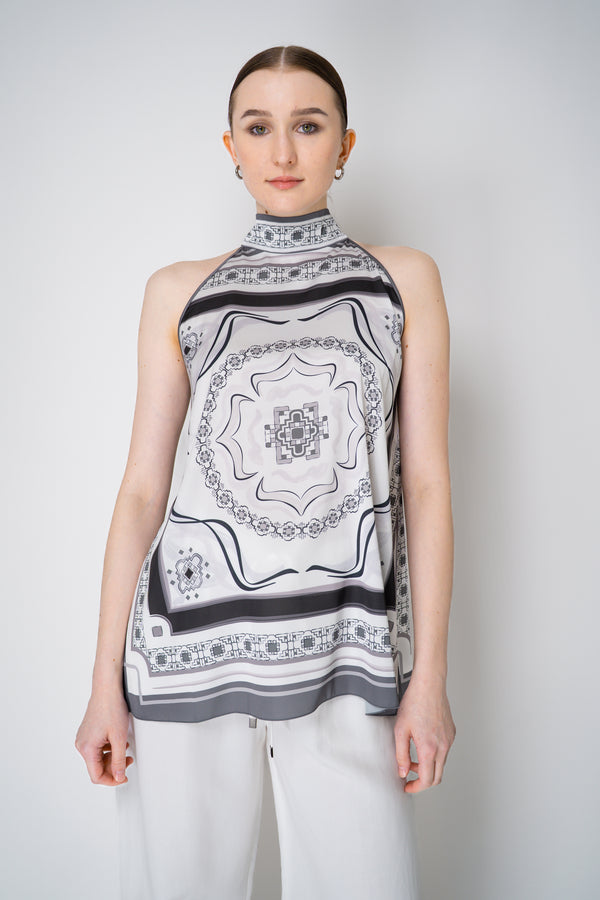 D. Exterior Halter Neck A-line Blouse in Grey and White Foulard Print Vancouver. Shop Online or in Store.