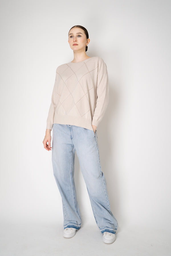 D. Exterior Knit Diamond Checkered Lurex Crew Neck Sweater in Beige Vancouver. Shop Online or in Store.