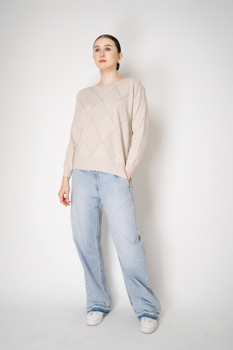 D. Exterior Knit Diamond Checkered Lurex Crew Neck Sweater in Beige Vancouver. Shop Online or in Store.
