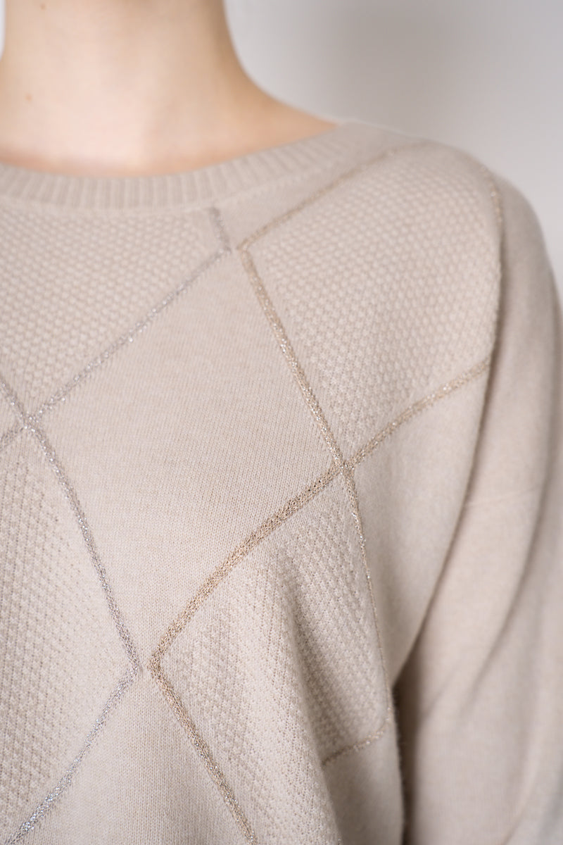 D. Exterior Knit Diamond Checkered Lurex Crew Neck Sweater in Beige Vancouver. Shop Online or in Store.