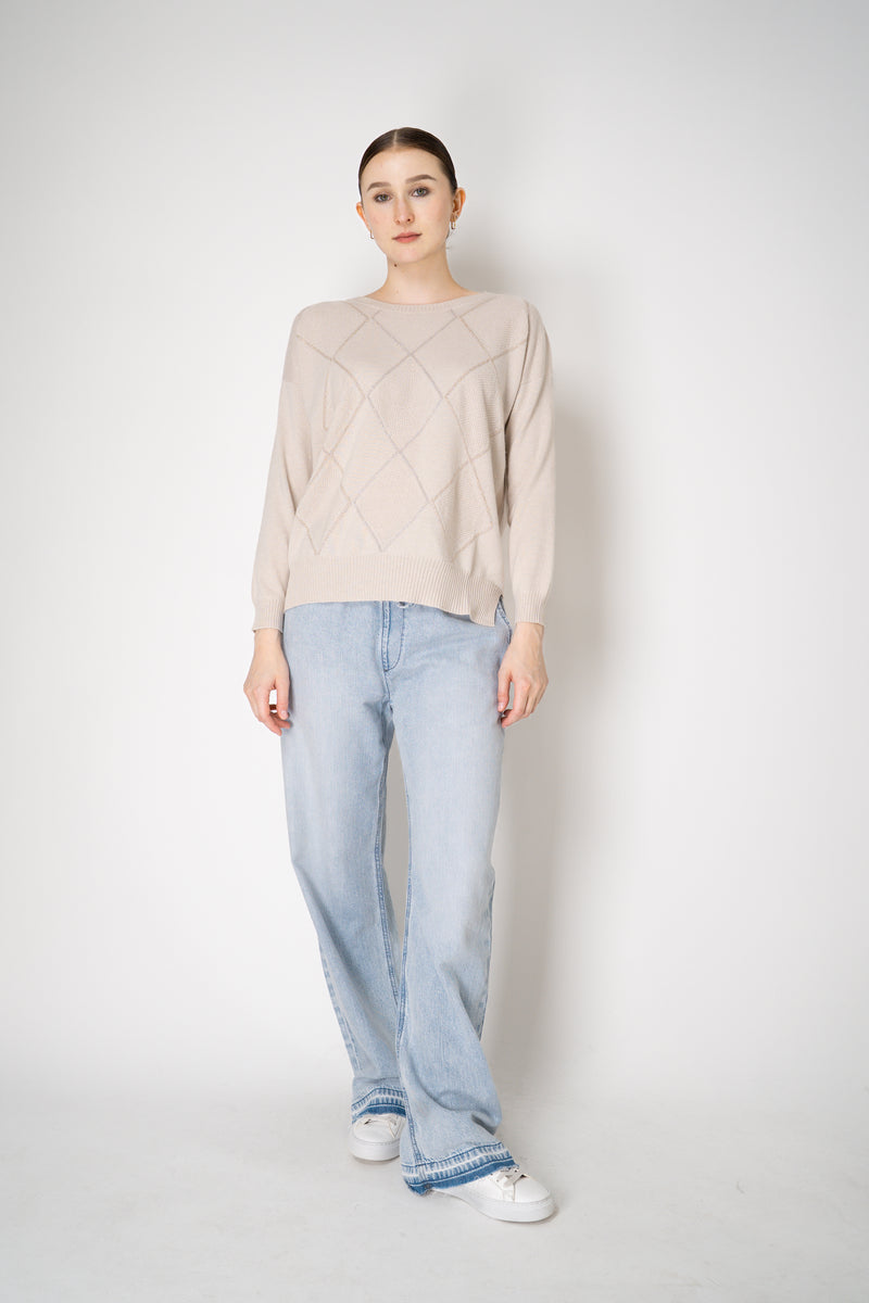 D. Exterior Knit Diamond Checkered Lurex Crew Neck Sweater in Beige Vancouver. Shop Online or in Store.