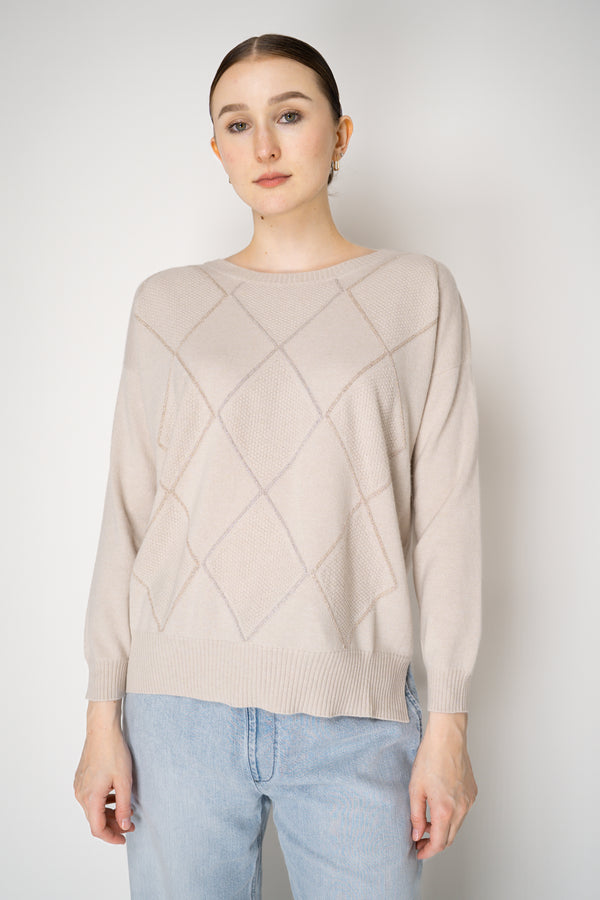 D. Exterior Knit Diamond Checkered Lurex Crew Neck Sweater in Beige Vancouver. Shop Online or in Store.