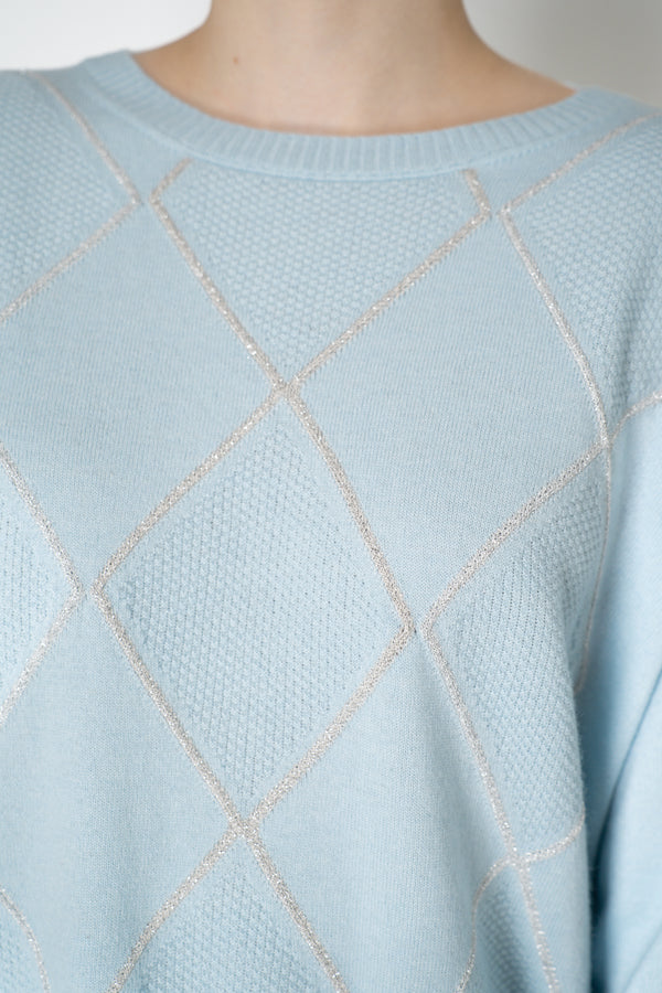 D. Exterior Knit Diamond Checkered Lurex Crew Neck Sweater in Light Blue Vancouver. Shop Online or in Store.