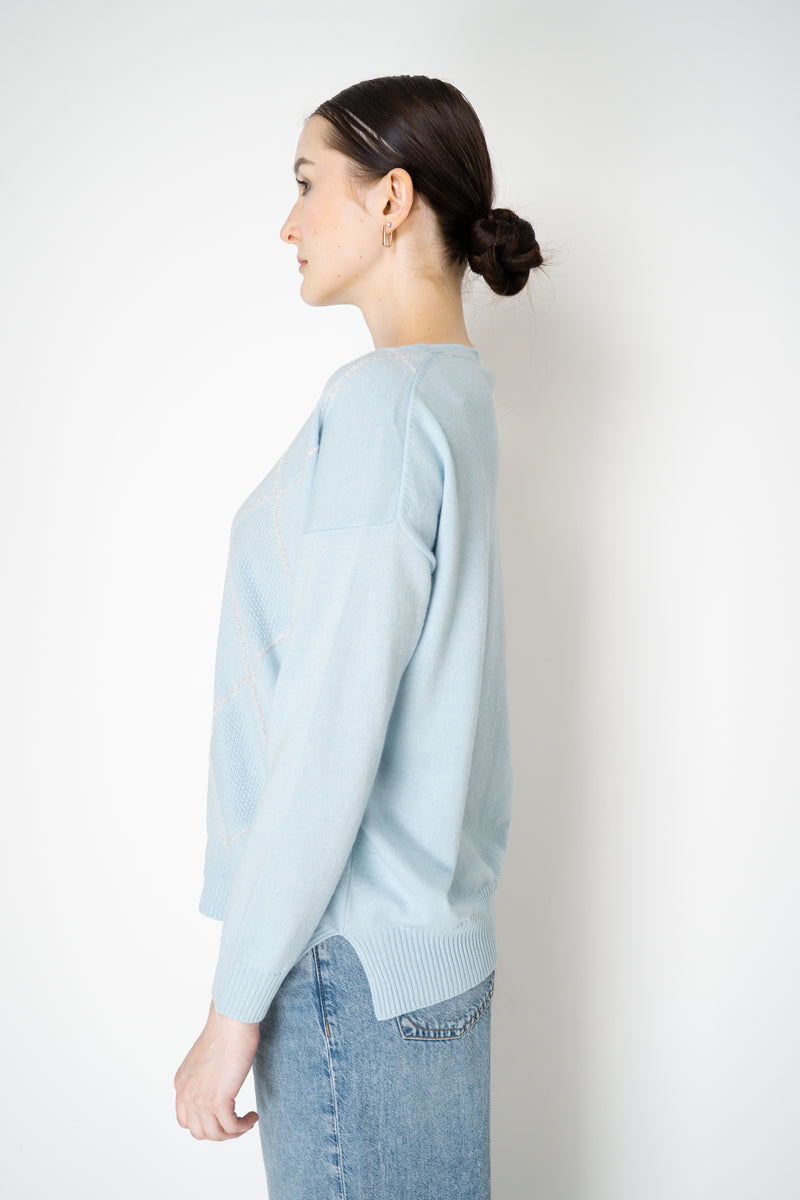 D. Exterior Knit Diamond Checkered Lurex Crew Neck Sweater in Light Blue Vancouver. Shop Online or in Store.