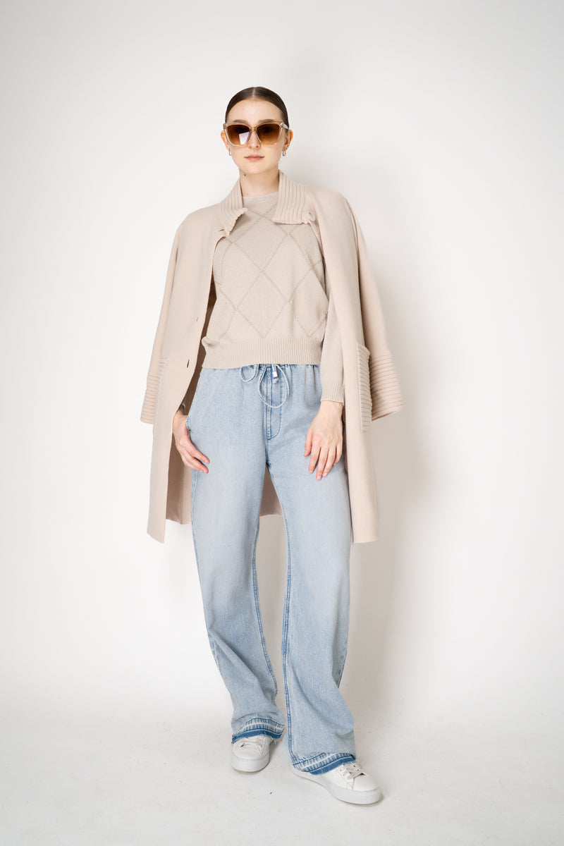 D. Exterior Knit Diamond Cropped Checkered Lurex Crew Neck Sweater in Beige Vancouver. Shop Online or in Store.