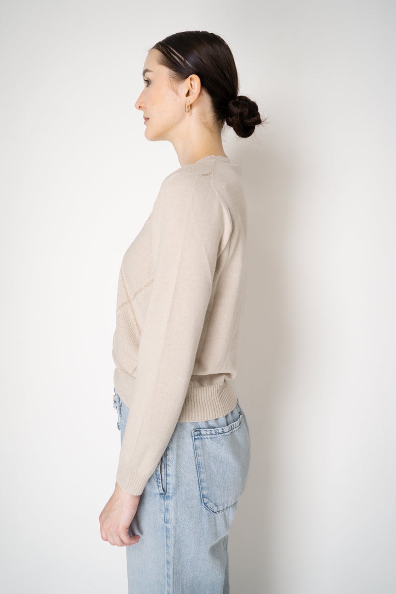 D. Exterior Knit Diamond Cropped Checkered Lurex Crew Neck Sweater in Beige Vancouver. Shop Online or in Store.