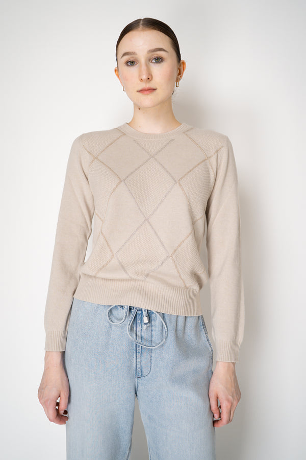 D. Exterior Knit Diamond Cropped Checkered Lurex Crew Neck Sweater in Beige Vancouver. Shop Online or in Store.