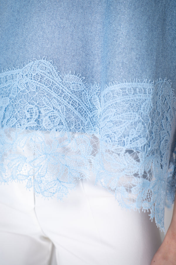 D. Exterior Knit Lurex Blouse with Detailed Lace Hem in Sky Blue Vancouver. Shop Online or in Store.