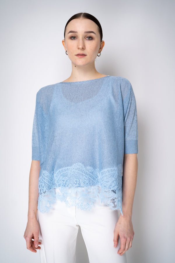 D. Exterior Knit Lurex Blouse with Detailed Lace Hem in Sky Blue Vancouver. Shop Online or in Store.