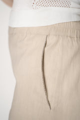 D. Exterior Linen Bermuda Shorts with Brilliant Beading Pockets in Beige Vancouver. Shop Online or in Store.